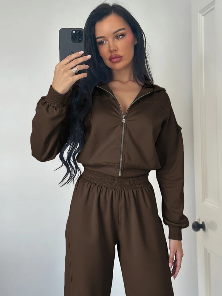 kliou Casual Fall Women 2 Piece Set Classic Solid Sporty Basic Zip-up Hood Coats+Straight Loose Pants Female Matching Tracksuits