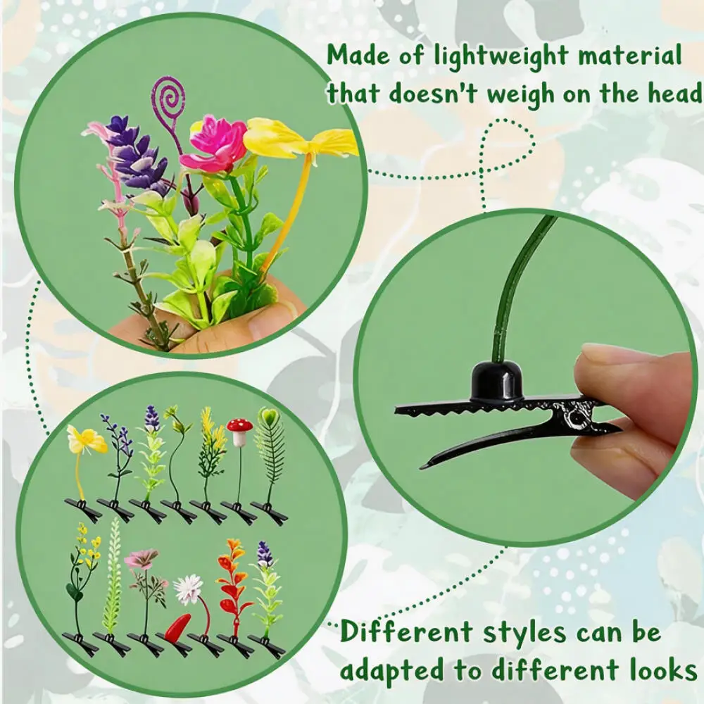 100 Stück Unisex Lustige Simulierte Gras-Haarspangen Niedliche Schmetterling-Pilz-Blumen-förmige Party-Haaraccessoires – Detail 3
