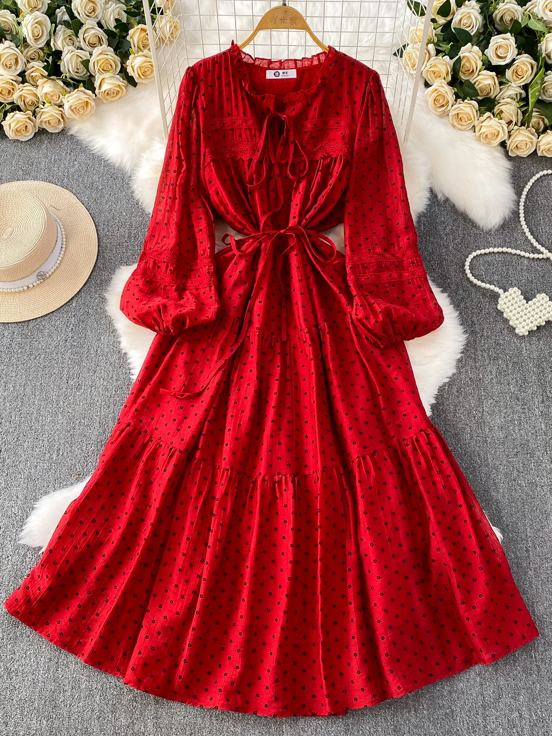 폴카 도트 레이스 긴팔 라운드넥 드레스 여성 가을 벨티드 슬리밍 플리츠 풀 A라인 스커트 출근룩 하이웨이스트