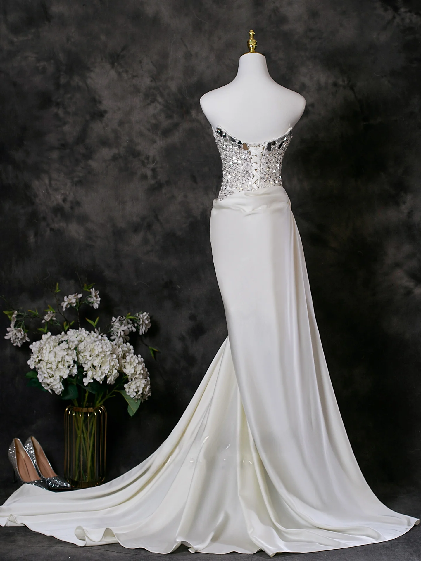 White Angel Heart Strapl Long Dr para mujer, adecuado para actuaciones escénicas, fiestas finales de año, bodas y aduaciones