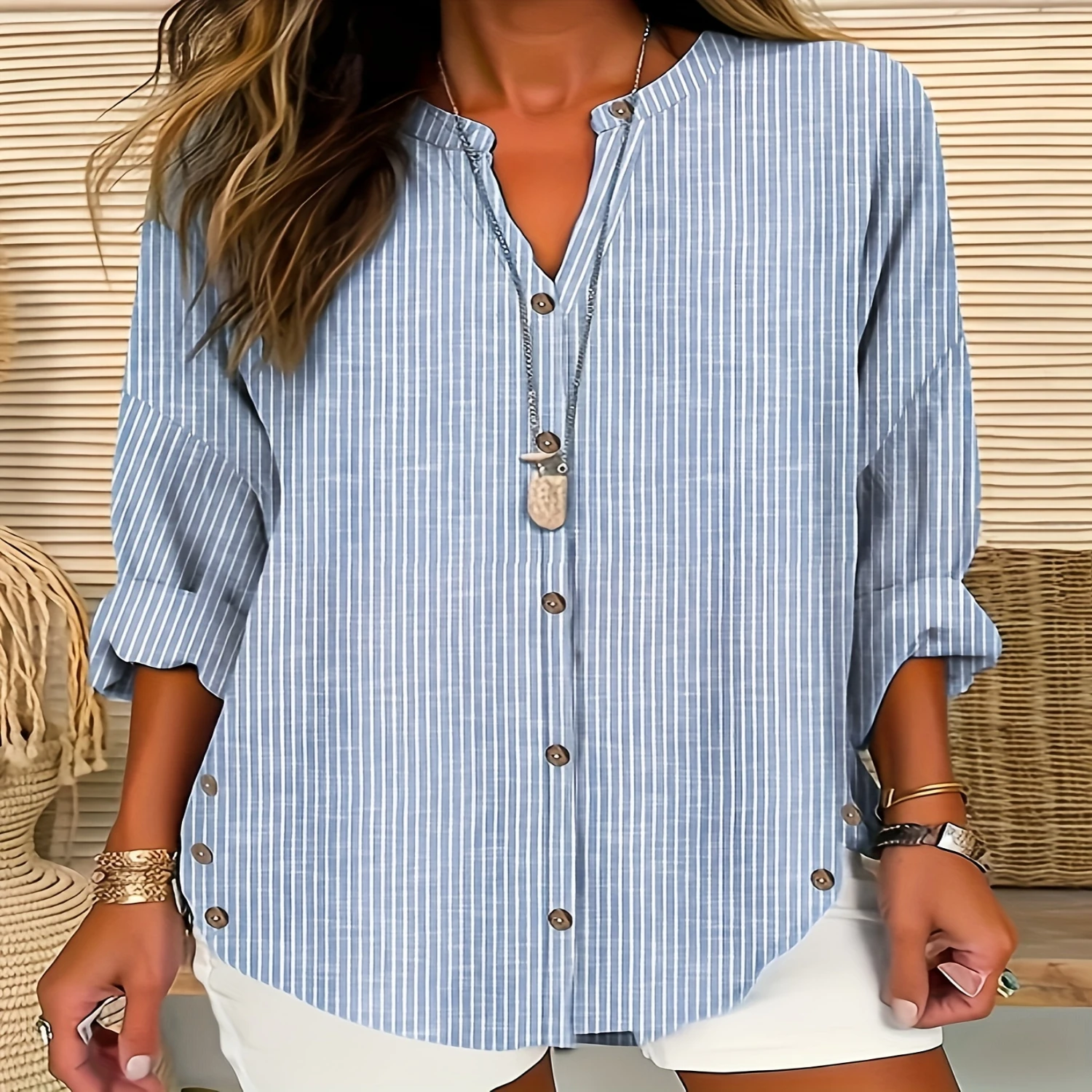 Stripe Print Button Front Blouse, Casual Long Sleeve Blouse For Spring & Fall, Women's Clothing