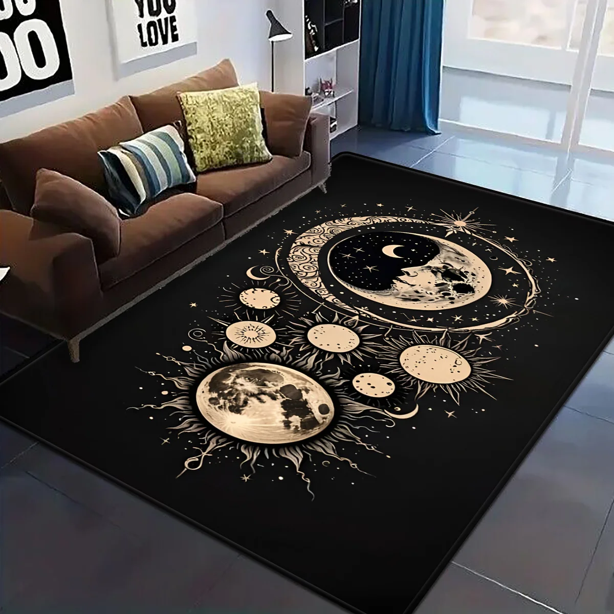 2D‑Printed Black Lunar Surface Square Rug, Decor for Living Room, Bedroom, Gatherings, Indoor‑Outdoor Parties