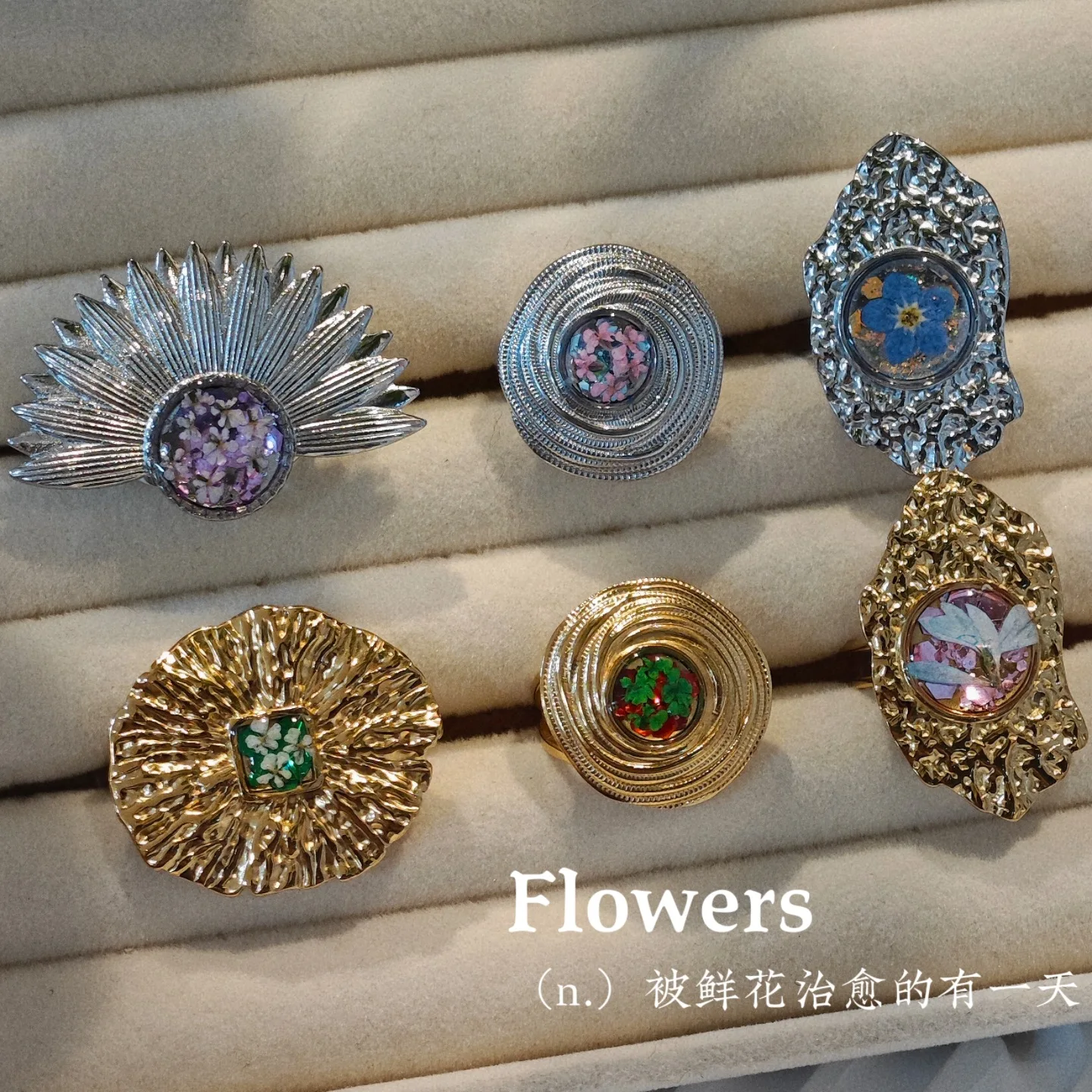 

3305 Wholesale Handmade Vintage Real Dried Flower Stainless Steel Ring Medieval Style Open Ring Christmas Birthday Gift