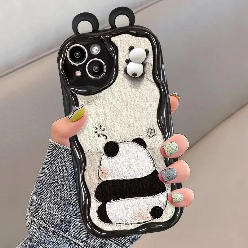 Cute 3D Pnada Case for Xiaomi Redmi Note 13 Pro 5G 12 13 Pro Plus Redmi 12 POCO X6 M6 Pro Wave Pattern Couple Phone Back Cover