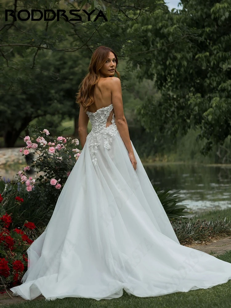 RODDRSYA-Vestido De novia De encaje sin tirantes, prenda elegante con estampado 3D romántico, línea A, ilusión De fiesta, botón, espalda descubierta-Vestido De novia De encaje sin tirantes, prenda elegante con estampad