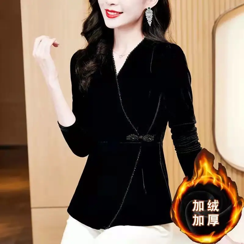 Gold Velvet Top Noble Fashionable Women's Long-sleeved Autumn Winter New Style Mother's Waist-closing Base Shirt