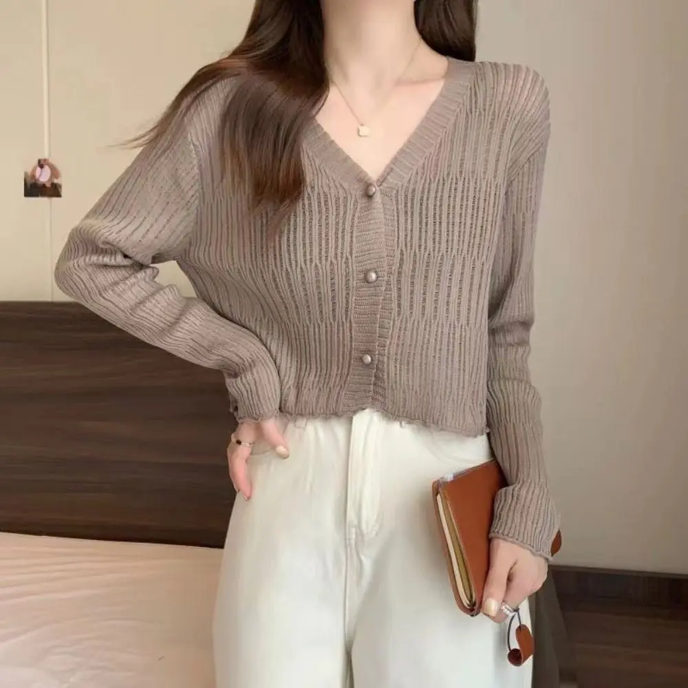 Simple Solid Color V-neck Knitted Cardigan Polyester Long Sleeve Thin Cardigan Coat Long Sleeve Smock Top Women