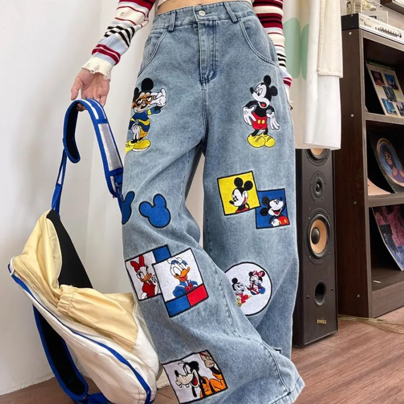 Disney Mickey Fun Cartoon Embroidered Jeans Women Spring New Loose Fit BF American Style Denim Pants Trend Casual Wide Leg Pants