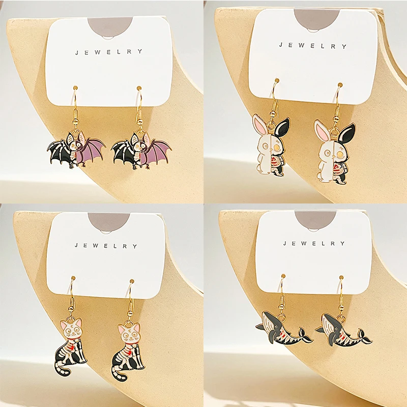 Punk Gothic Half-Face Skull Bat Cat Whale Rabbit Dangle Earrings for Women Girls Fashion Funny Halloween Jewelry Wholesale Gift