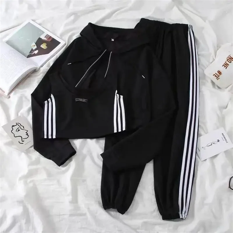 Autumn New Striped Patchwork Gray Hooded Jacket Leg Tied Pants Two-piece Set Elegant Women's Pants Set Sports Outfits Tracksuits