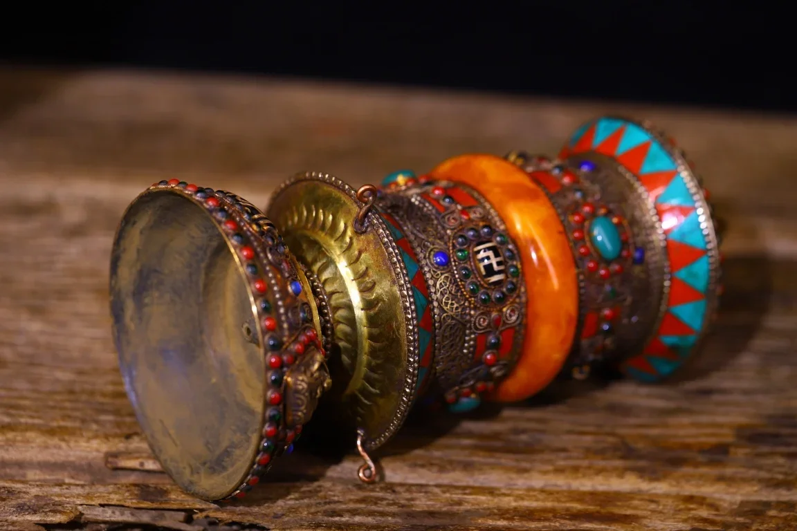 9”Old Xizang Folk Collection Old Tibetan Silver Gilded Mosaic Gem gZi Beads Prayer Wheel Old Scriptures Worship Hall