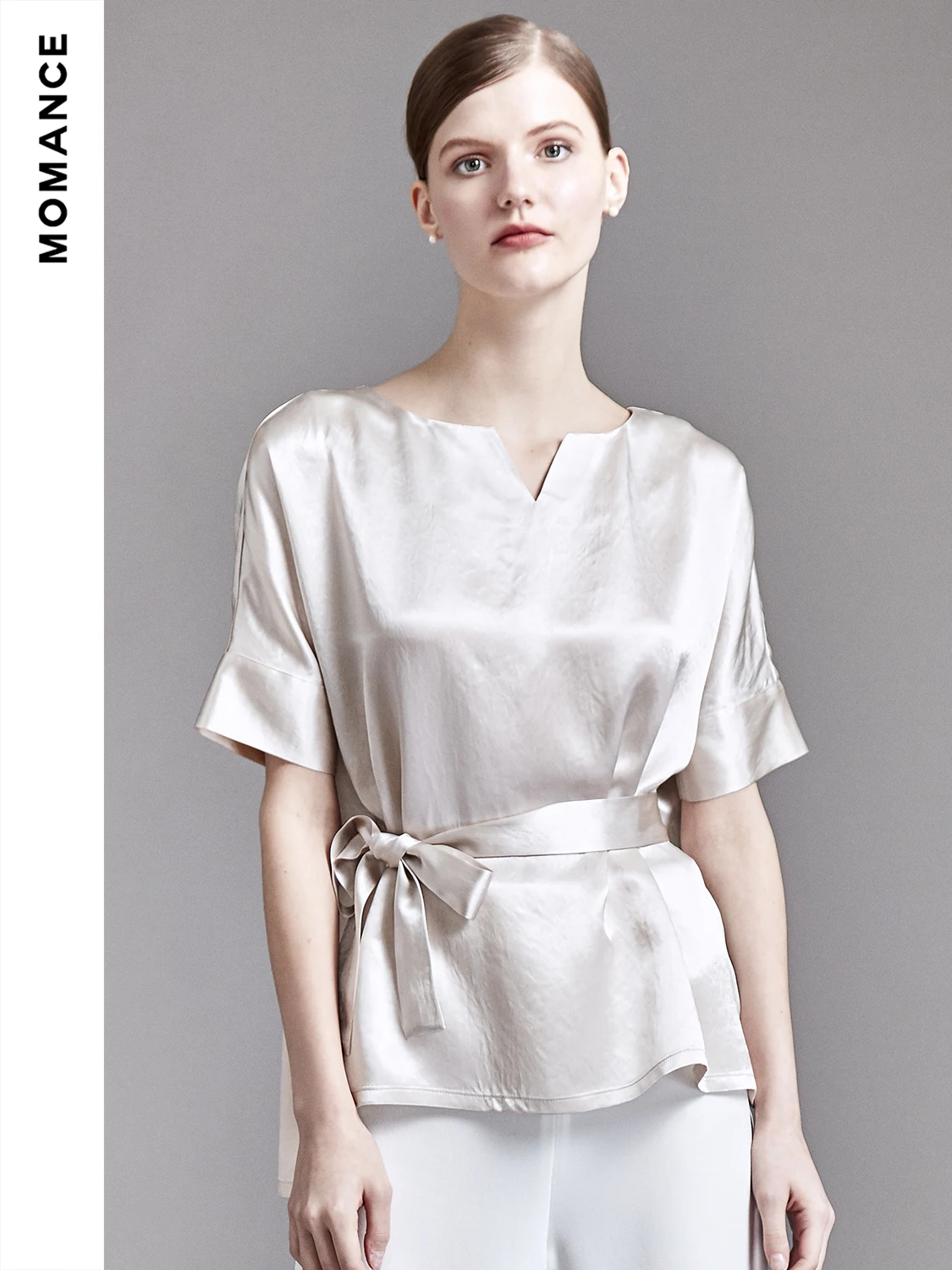 

MOMANCE Silk irts Women's ort Sve Belted Commute Sle Batwing Sve Soft Acetate Fiber Loose Fit round Ne Top