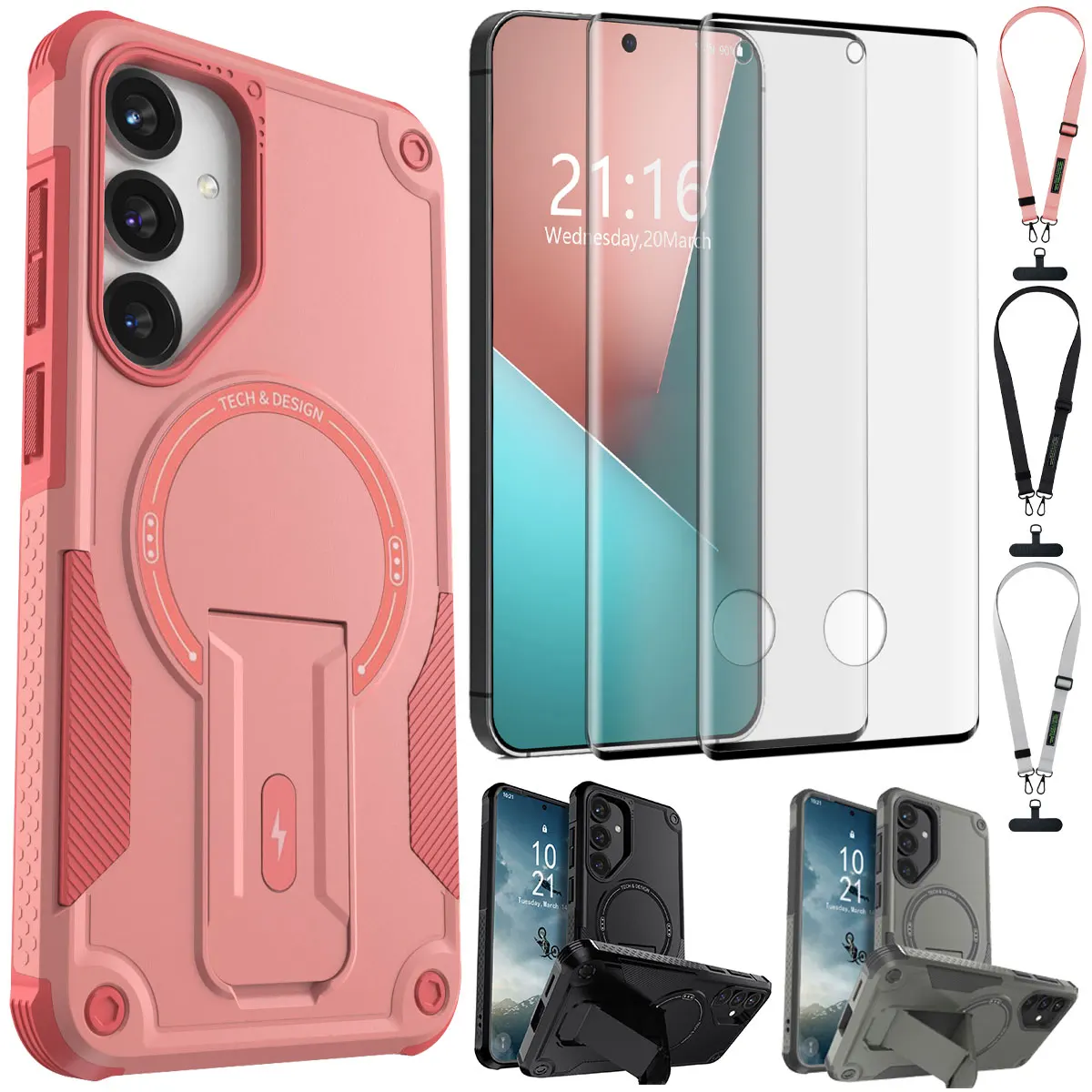 

For Samsung Galaxy S25/Plus/Ultra 5G Rugged Case Kickstand Cover Lanyard And 2pcs Full Coverage Tempered Glass Screen Protectors