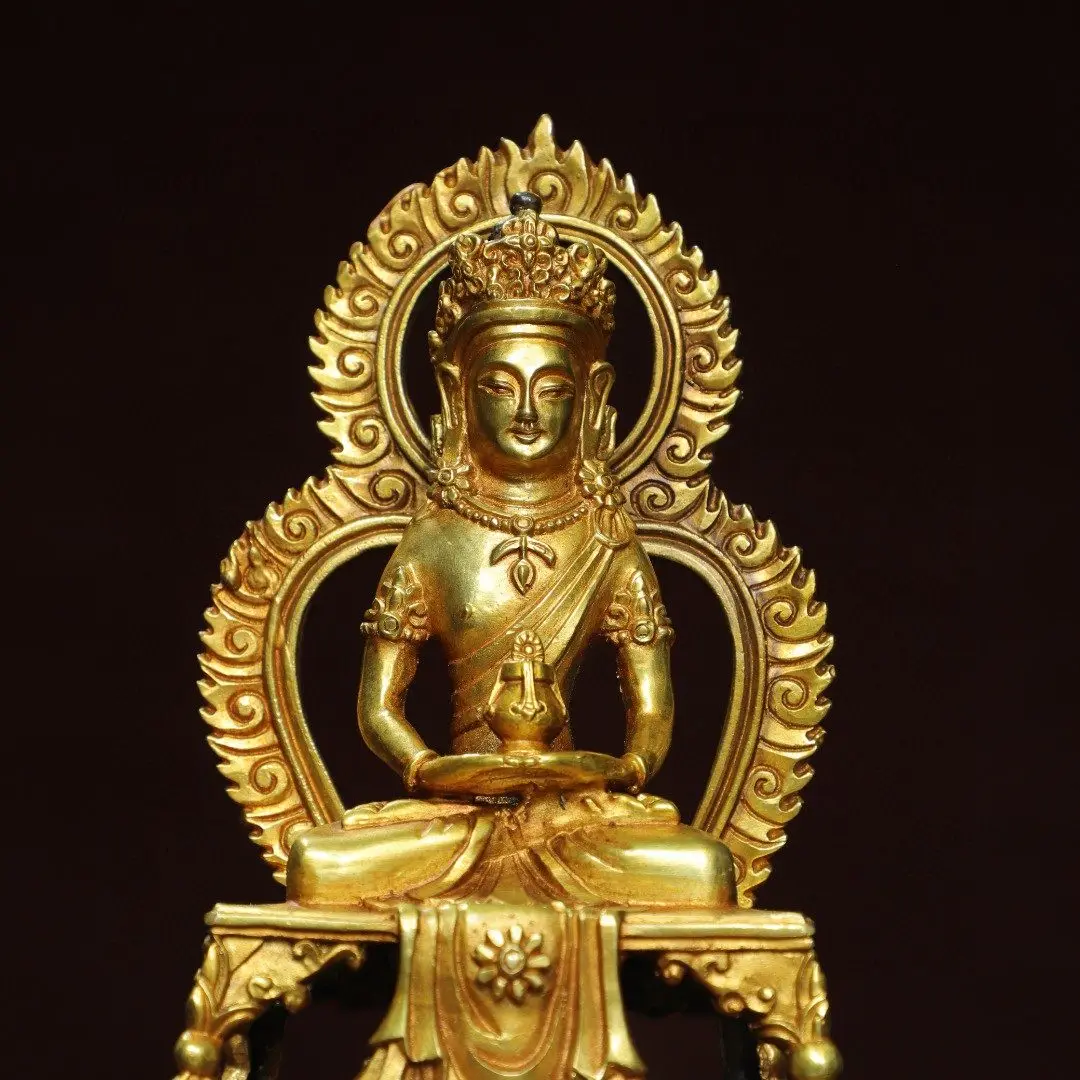 Nepali Tibetan Amitayus Bodhisattva Pure Copper Gold Gilded Home Temple Decor Ornament
