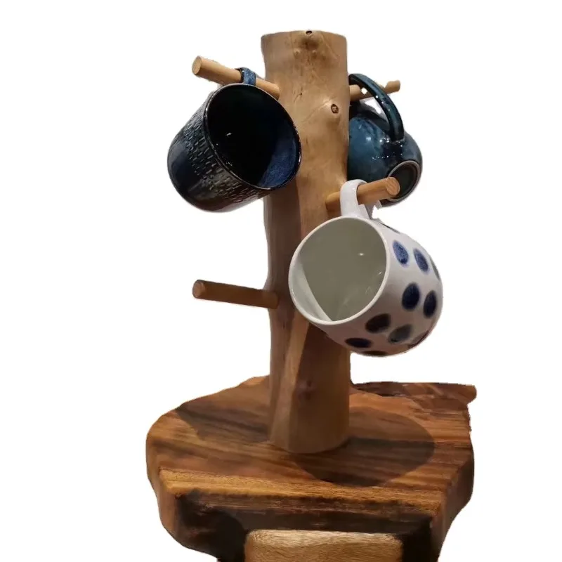 Wholesale Farmhouse Decorative Vintage Country Cup Holder Tree Cup Holder Storage with 6 Hooks Wooden Coffee Cup Holder