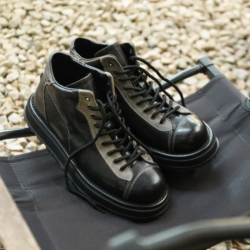 American Retro Genuine Leather Round Toe Thick Soled Ankle Boots Men's Shoes Handmade Sport Casual Flat Work High-Top Boots