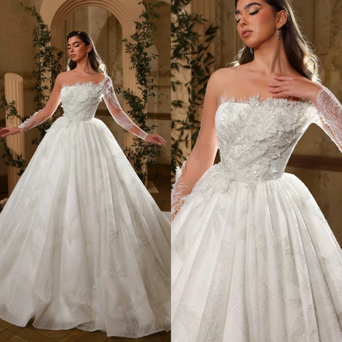 

Classic A Line Women Wedding Dress Sheer Neck Long Sleeves Bridal Gowns Appliques Sweep Train Dress Custom Made