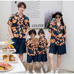 Family Matching Outfits Couple Set Wear Jean Short Pants  Holiday Women Blouse Tee Hawaii t-shirt Mother's Day Gift