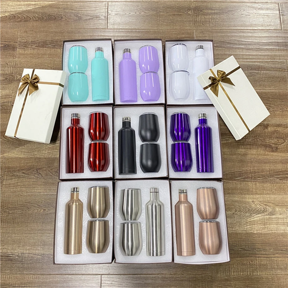 

36sets/Lot Gift Box 2*12oz Wine Tumblers 1*17oz 500ml Bottle Set 304 Stainless Steel Insulated Vacuum Sublimation Glass Cup Mugs