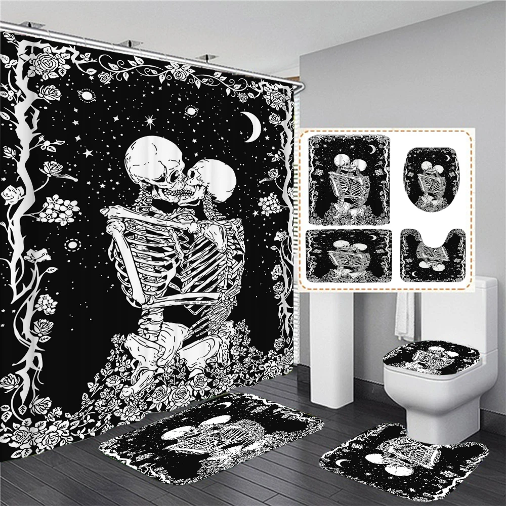 

3D Print Funny Skeleton of Lovers Shower Curtain Waterproof Bathroom Curtain Anti-slip Bath Mat Set Toilet Rug Carpet Home Decor