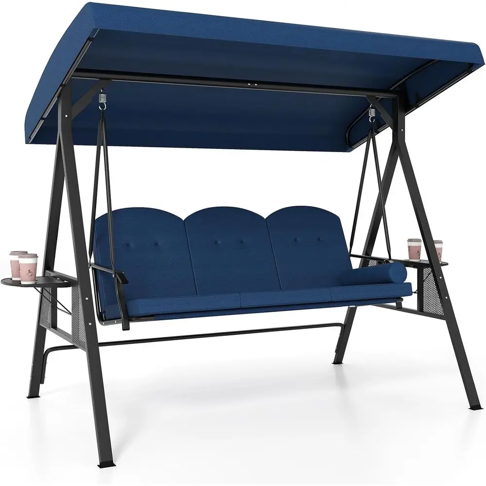 

Трехместные уличные качели с подушками, регулируемыми подголовниками, металлическим каркасом и боковым столиком для двора, сада, зоны у бассейна (синие)