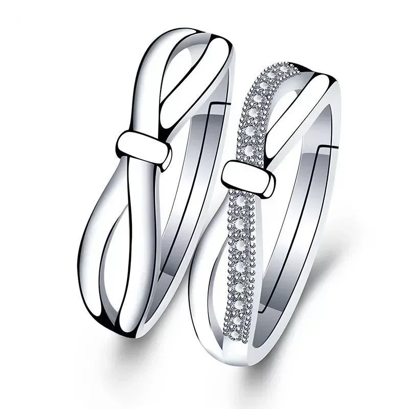 Newest 925 Silver Plating Wedding Ring Set for Lovers Bow Crystal CZ Couple Rings Men Women Engagement Wedding Rings