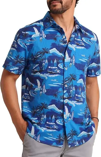 Men's Short Sleeve Shirt Blue Tropical Island Palm Print Lapel Button Down Holiday Casual Mens Clothing