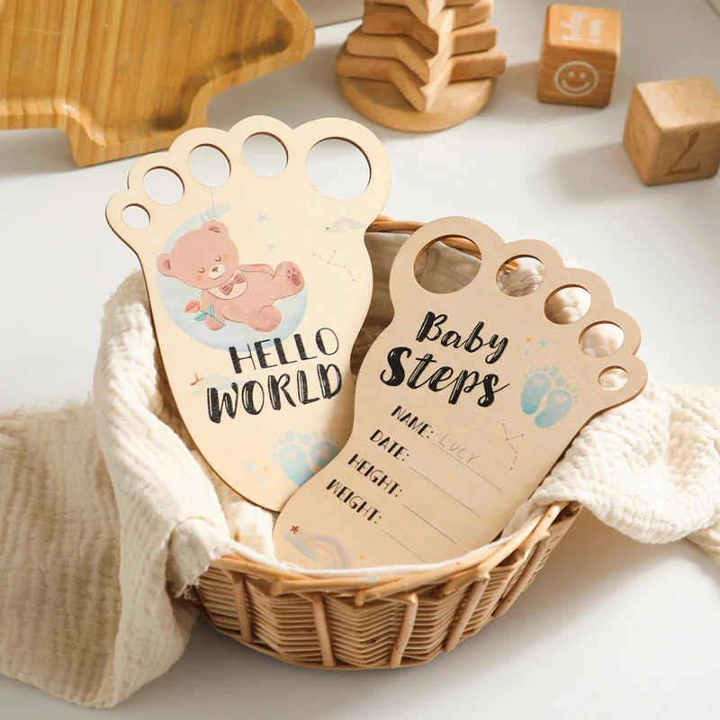 Baby Photography Prop Footprint Wooden Milestone Card Hello World Newborn Growth Commemoration Props photography Accessories