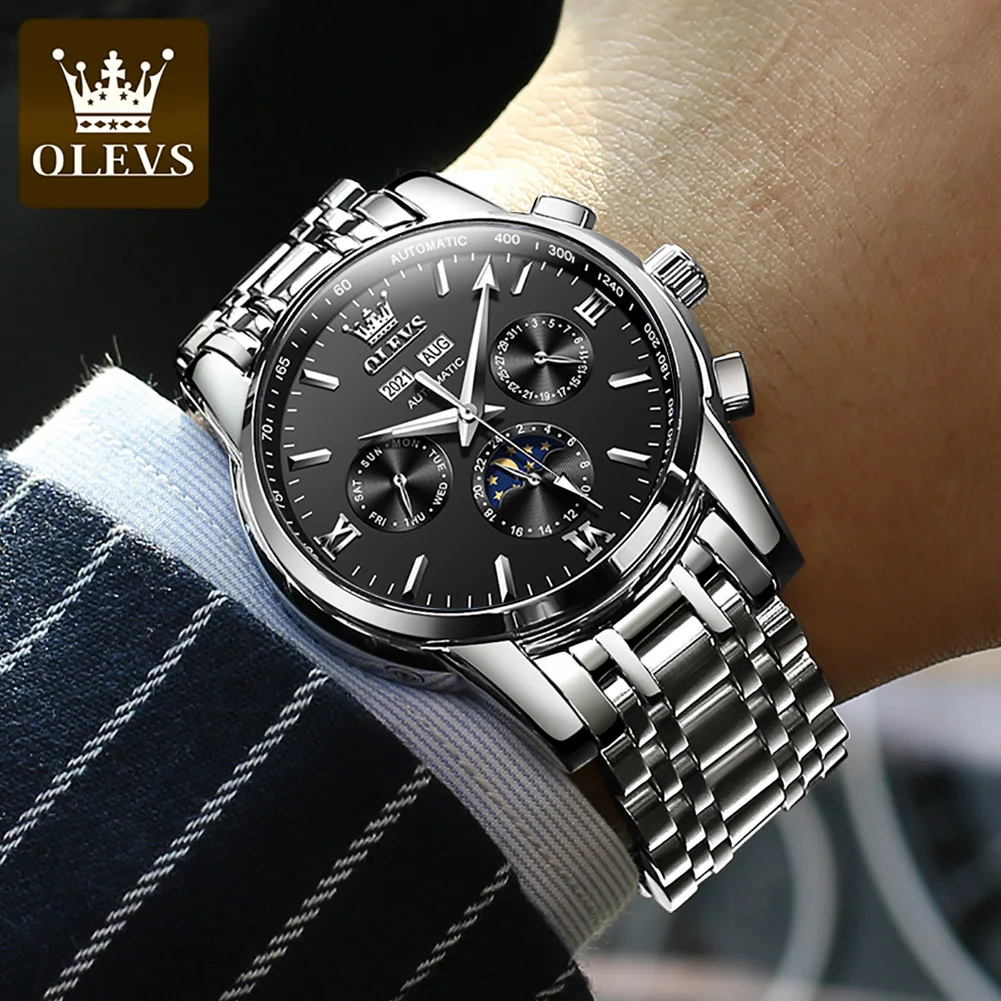 OLEVS Automatic Watches Men Mechanical Wristwatch Luxury Dress Moon Phase Stainless Steel Waterproof Luminous Wristwatch