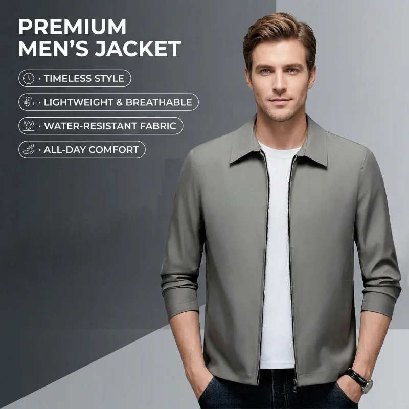 

Men Jacket Solid Color Commute Office Comfort Lightweight Zipper Coat 2026 Spring Autumn Casual Lapel Waterproof Men Jackets