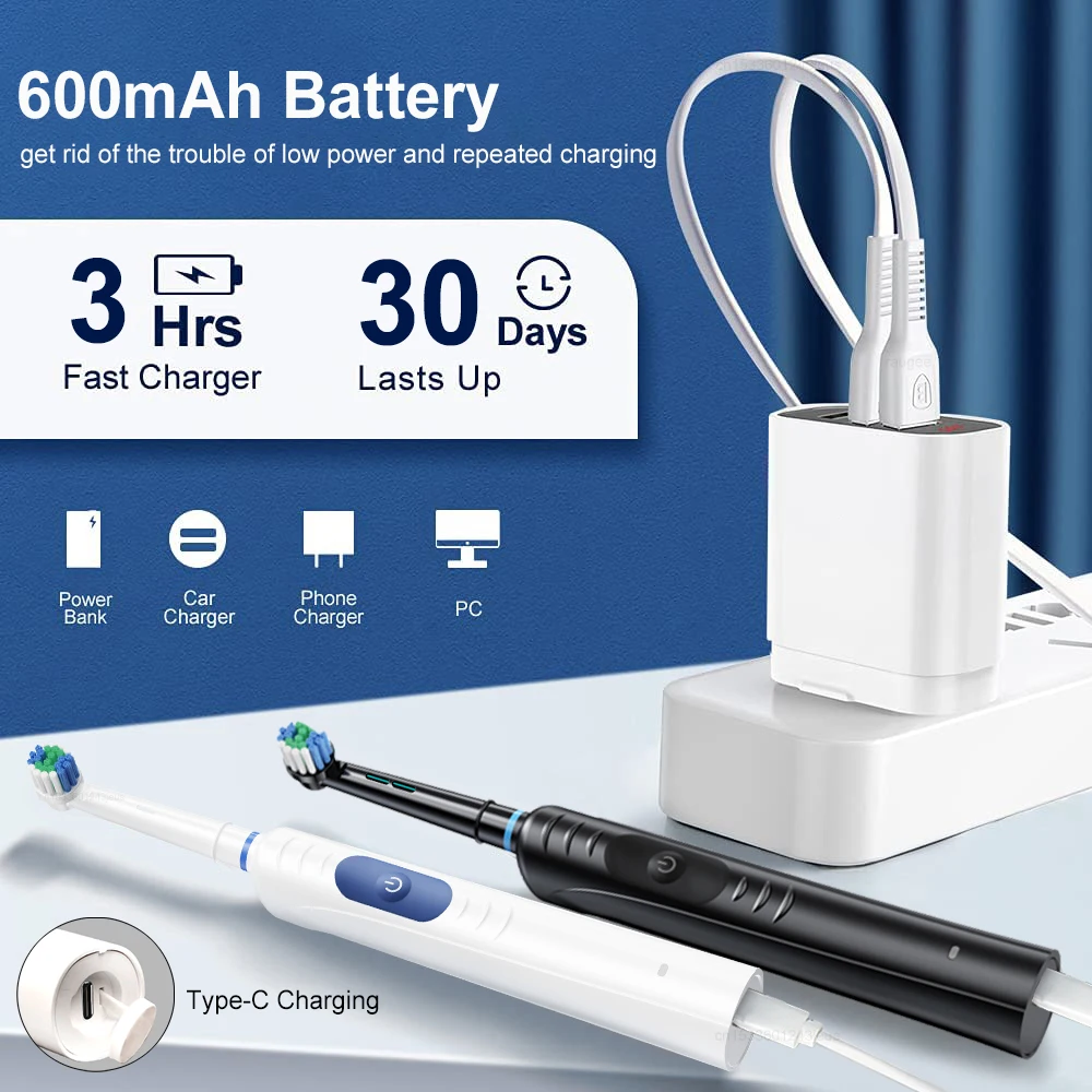 Electric Toothbrush Rotary Electric Toothbrush for Adults Rechargeable Teeth Whitening Rotating Electric Toothbrush with 8 Heads