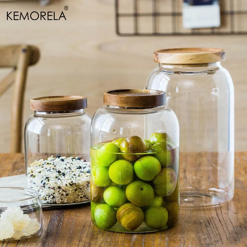 High Borosilicate Glass Acacia Wood Lid Glass Jar Food Airtight Storage Jar Large Storage Container Solid Wood Lid Pickle Jar