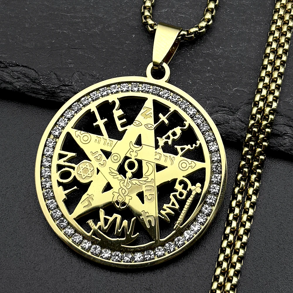 Tetragrammaton Jewish Hebrew Necklace for Women Men Stainless Steel Rhinestones Star Pentagram Talisman Chain Jewelry Gift