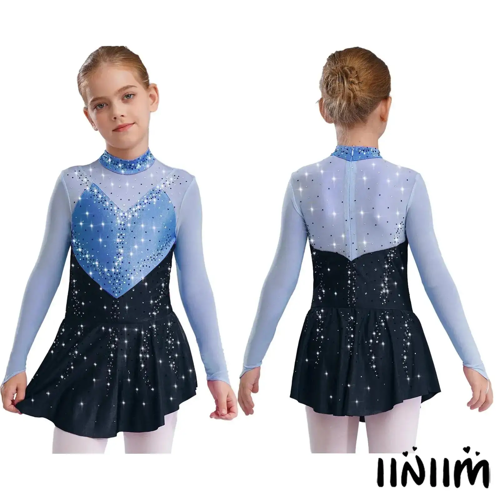

Kids Girls Lyrical Modern Dance Dresses Mock Neck Long Sleeve Sparkling Rhinestones Patchwork Stage Performance Costume