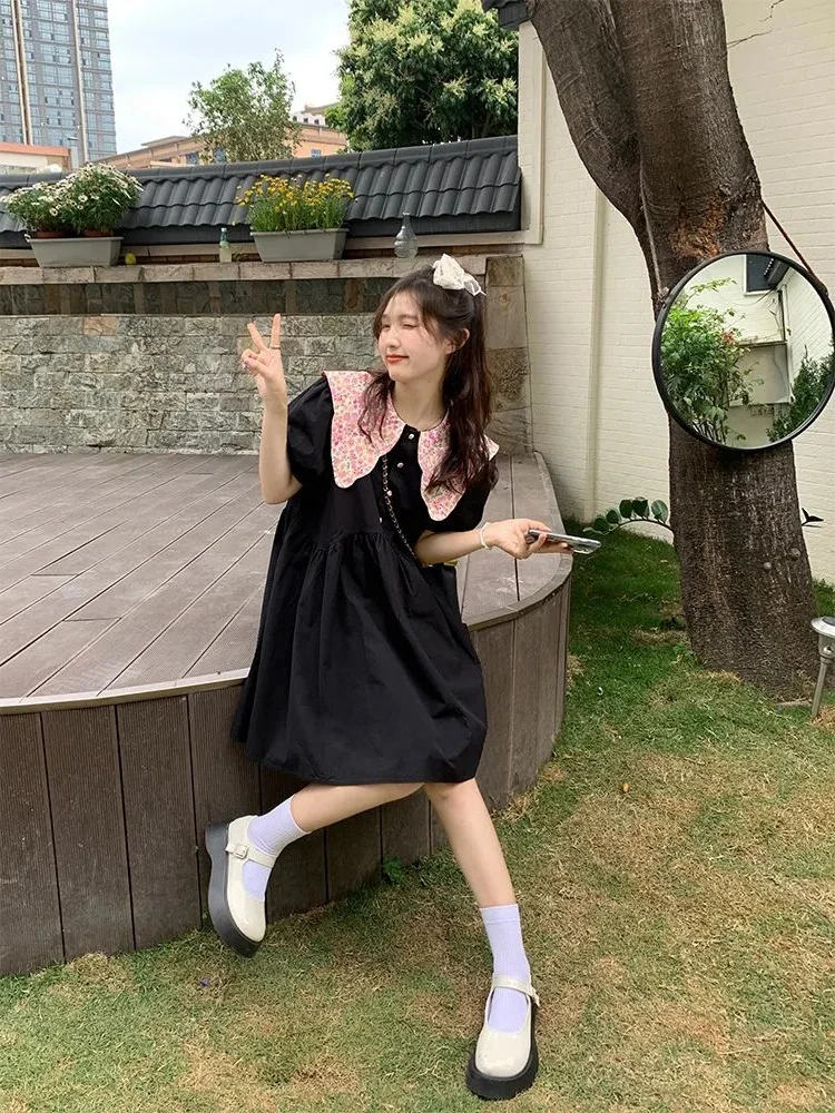 

plus Size 300 Pou Cute Korean Sle Casual Sweet Anti-Aging Midi Dr Women's Loose Floral Doll Collar Dr