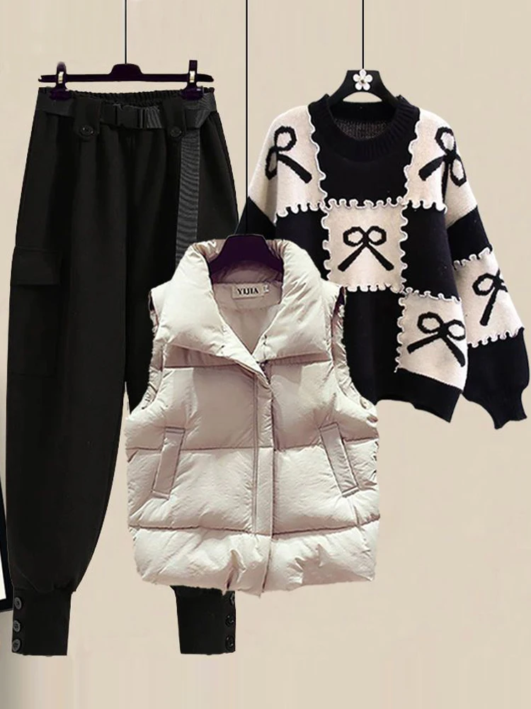 

Fashionable Fleece Lined Thickened Women's Jacket Vest Set High Waist Workwear Pants Three Piece Set Autumn Winter Clothing