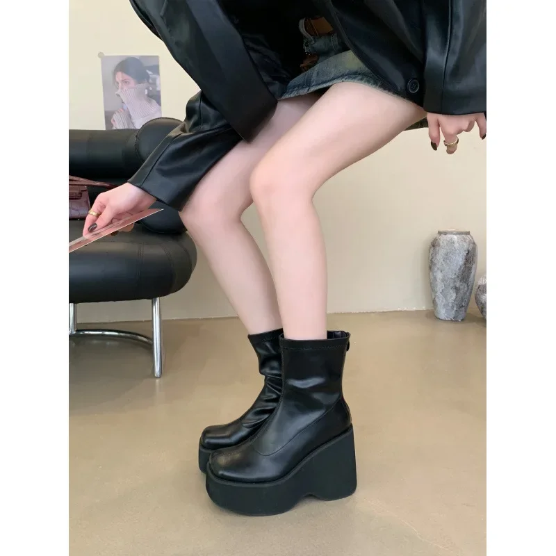 Platform Women Ankle Boots High Heels Leather Shoes Woman 2025 Trend Fashion Elegant Chelsea Boots Winter Goth New Mujer