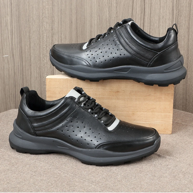 Summer New Genuine Leather Casual Shoes for Men Breathable Sneakers Round Toe Hollowed Men Designer Work Shoes Black M7028