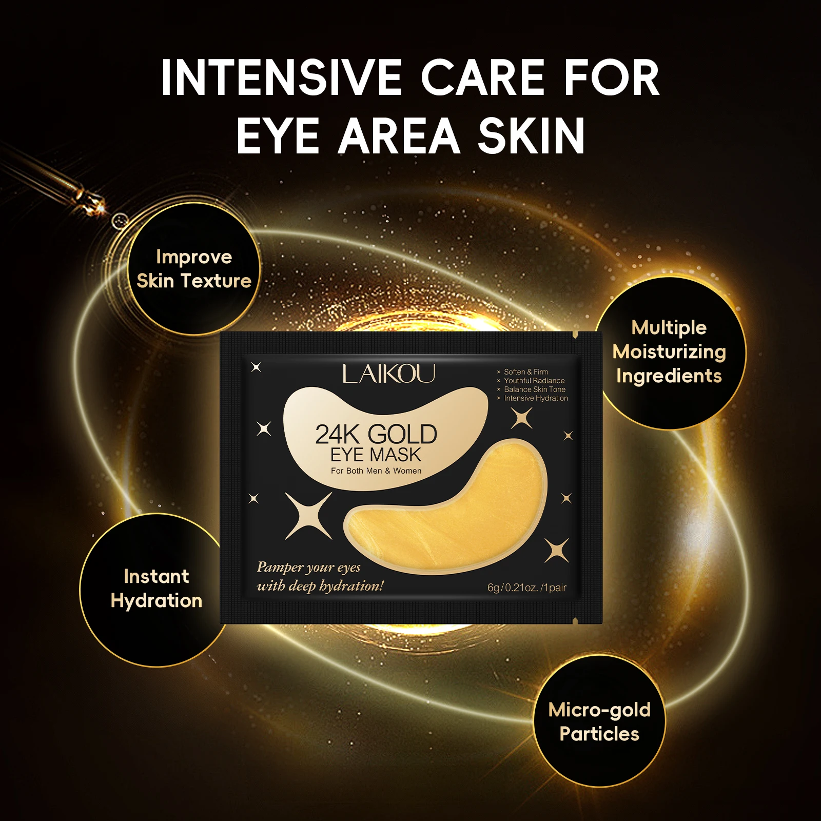 LAIKOU 24k Gold Eye Masks Set of 24 Soften Firm Hydrate Radiance Under-Eye Treatments for Skin Care
