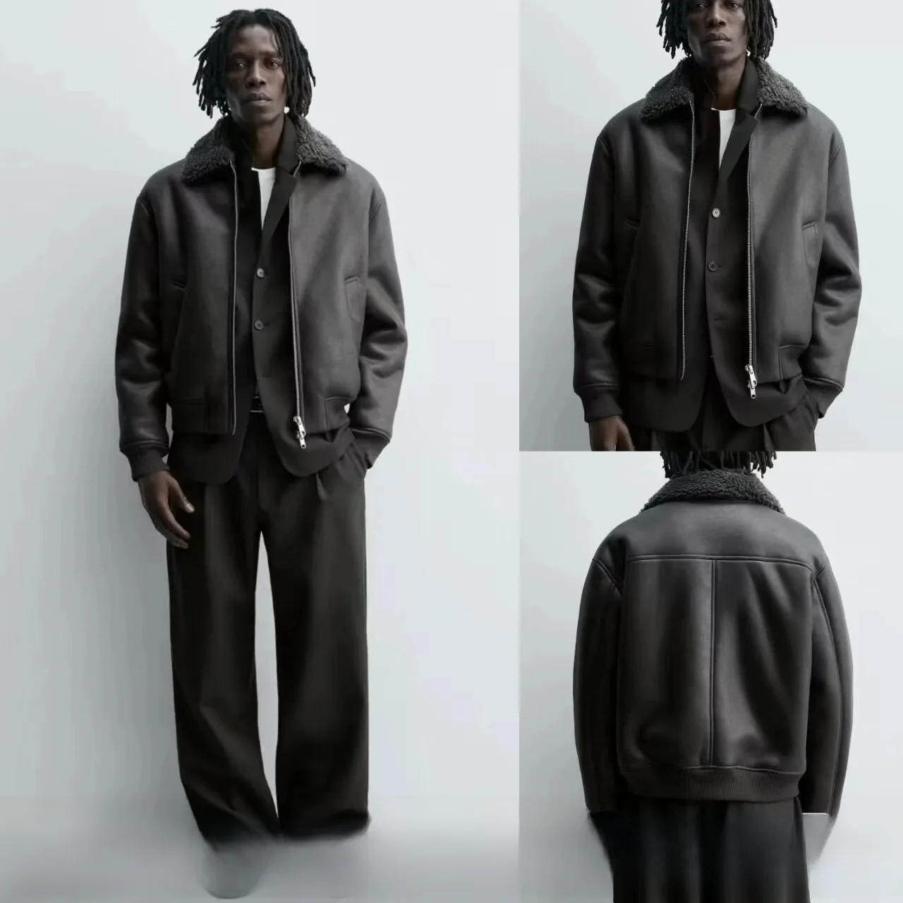 

Новая мужская кожаная куртка с мехом, двусторонняя, свободного кроя, стандартная длина, на молнии, стильная повседневная одежда для всех сезонов