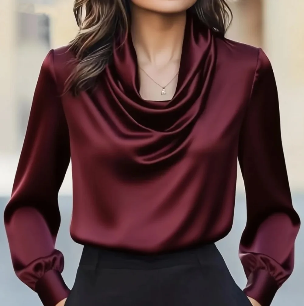 Autumn fashion elegant temperament solid colour simple swing collar long-sleeved shirt women