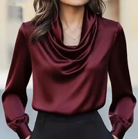 Camisa de manga larga con cuello oscilante simple para mujer, moda de otoño, temperamento elegante, color sólido