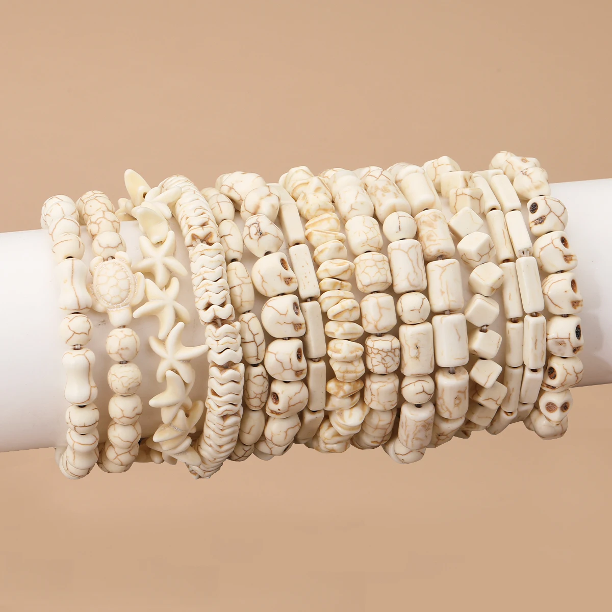 Natural White Turquoise Simulation Skeleton Head Starfish Straight Hole Beaded Bracelet  For Women Men Jewelry Accessories