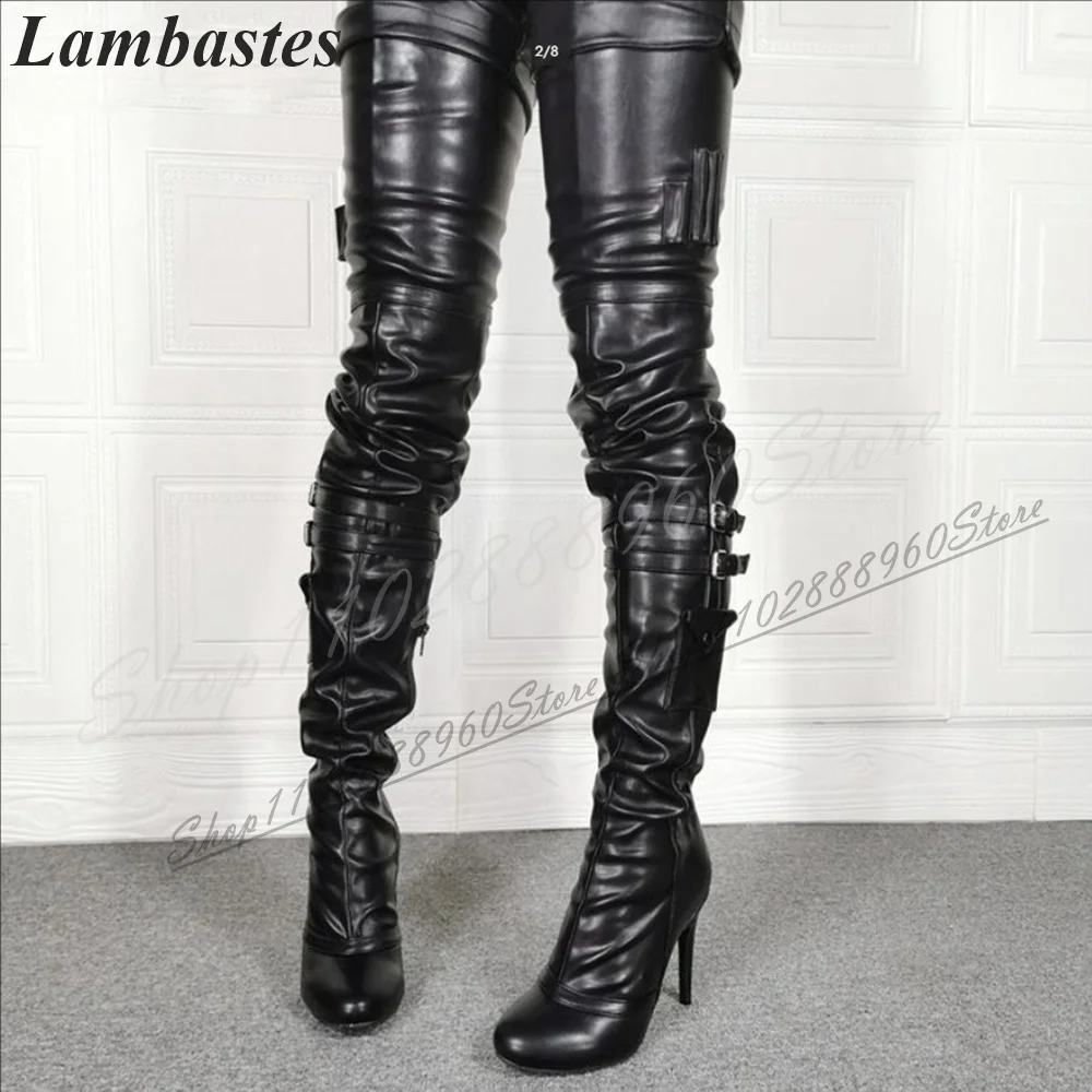 Thigh High Black Plus Size Buckle Strap Boots Thin High Heel Women Shoes Side Zipper Pointed Toe 2024 Fashion Zapatillas Mujer