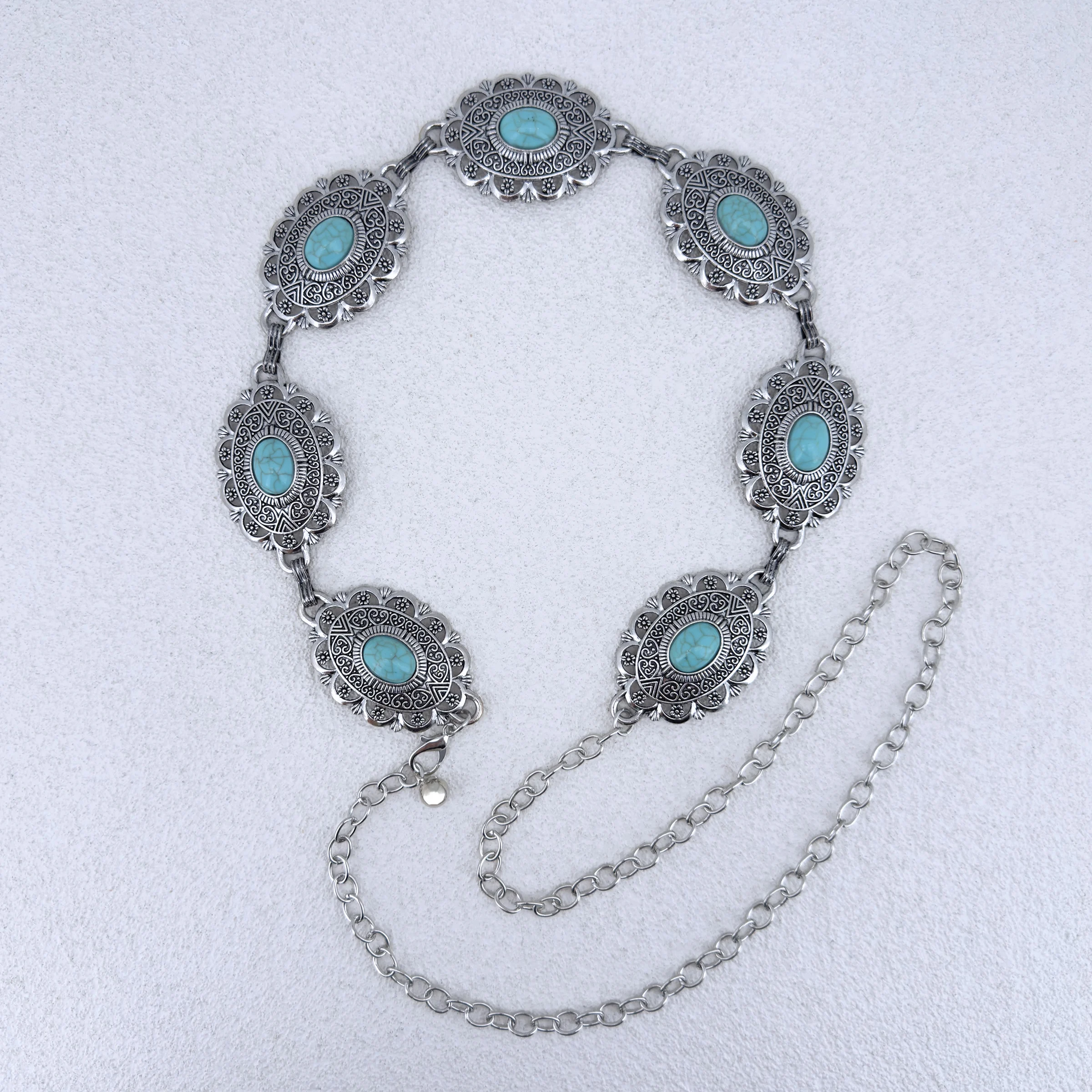 النمط الغربي البوهيمي العرقي القديم لون القصدير البيضاوي مطعمة نمط الفيروز مع السراويل الغربية تنورة سلسلة الخصر للسيدات