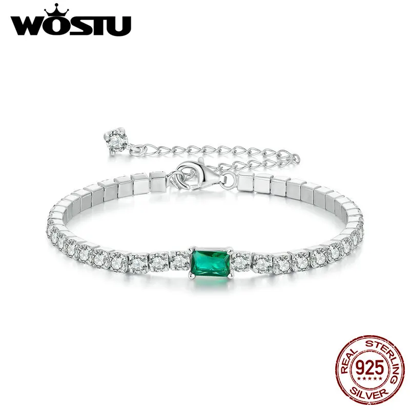 

WOSTU 925 Sterling Silver Rectangle Emerald Green Bracelet For Women Shiny AAA Zircon Chain Links Wedding Jewelry Gift For mom