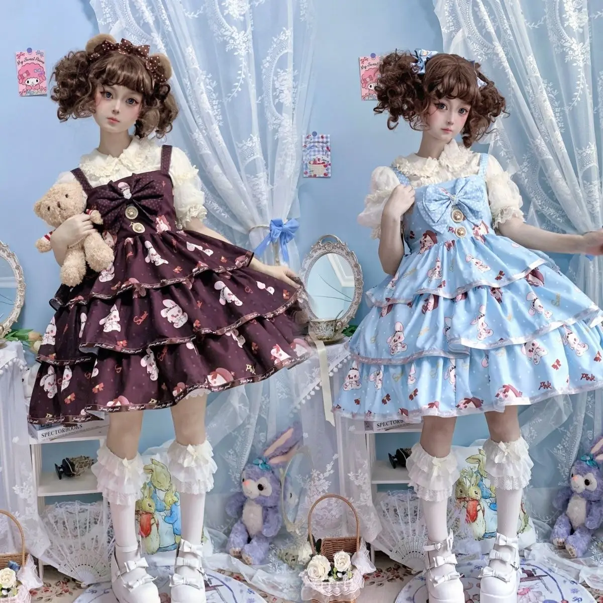 

Women's Lolita Dress Sweet Cartoon Print Princess Dresses Girly Cute Bow Ruffles Party Strap Harajuku Kawaii Cosplay Vestidos