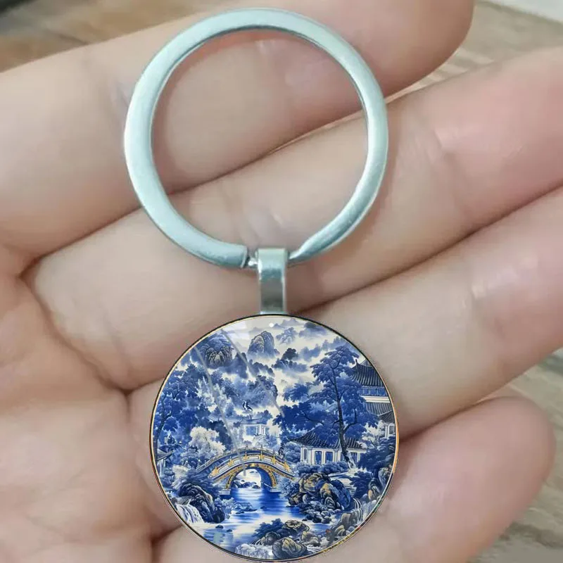 

Elegant blue and white porcelain design, landscape keychain, family and friends gifts