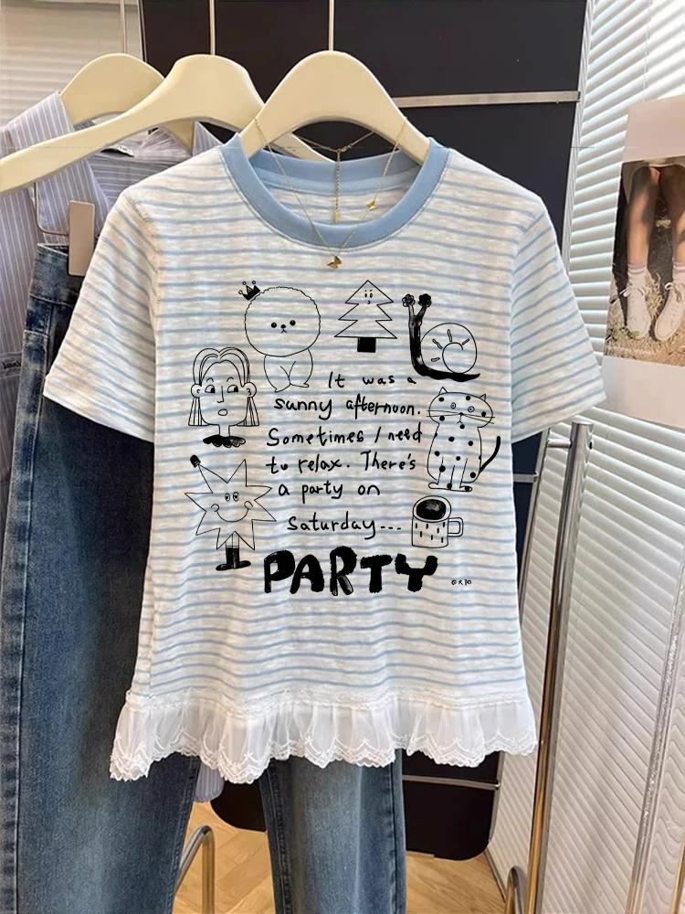 Retro Print Splice ort Sve T-irt ex Summer Korean Sle Casual Striped oulder Top Moisture ng Regular Fit