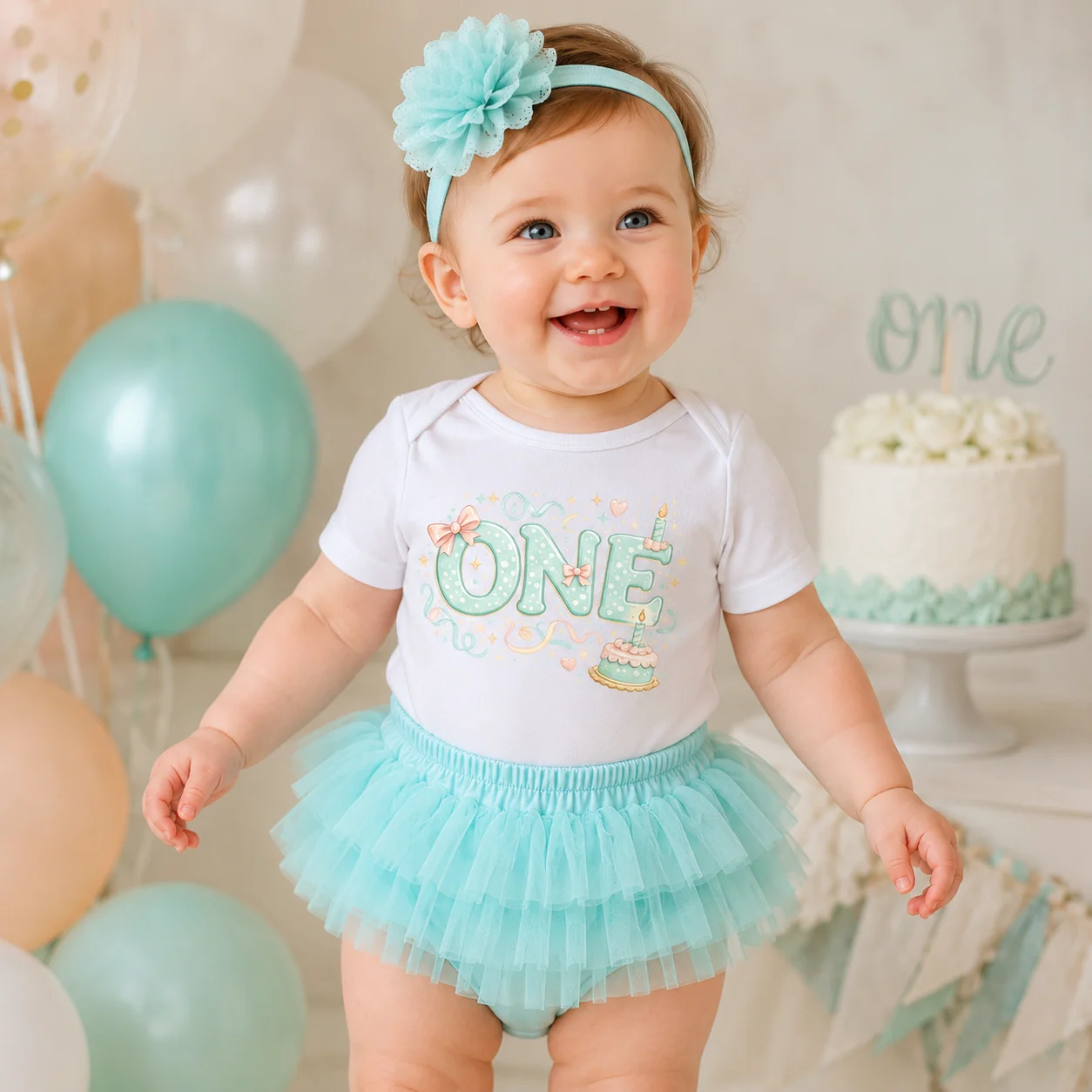 Baby Girl 1st Birthday Outfit Mint Tutu Skirt Onesie Headband Set One Year Old Cake Smash Clothes